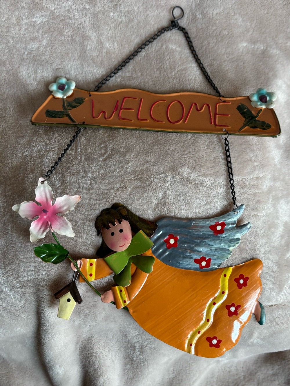 Welcome Angel Wall Hanging - Orange, Blue, Pink